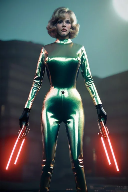 Ultra Realistic retro sci-fi portrait image from 1960, New York, spaceship, sweet young Jane Fonda, tight latex suit, weapon, fighting stance, soft color, highly detailed, unreal engine 5, ray tracing, RTX, lumen lighting, ultra detail, volumetric lighting, 3d, finely drawn, high definition, high resolution.