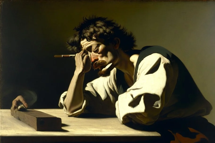 man smoking on picnic table by Caravaggio