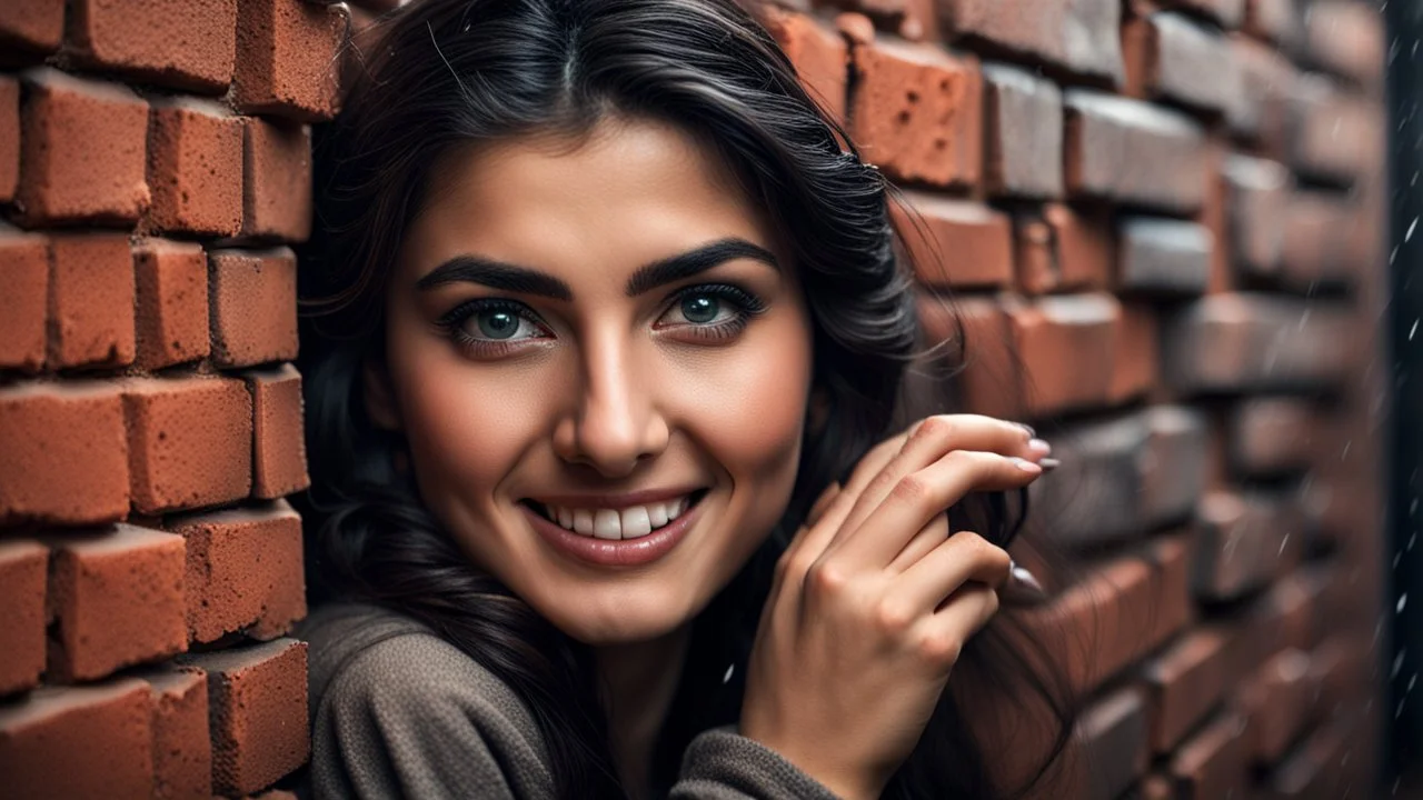 Hyper Realistic Photographic-Close-Up View Of a Beautiful Young Pashto Woman With Beautiful Eyes (& Eye Brows) & Beautiful Hands Peeking From A Brick-Wall Giving Bold Smile & Bold Expressions Putting Her That Hand On That-Brick-Wall At Rainy Night Showing Dramatic & Cinematic Ambiance.