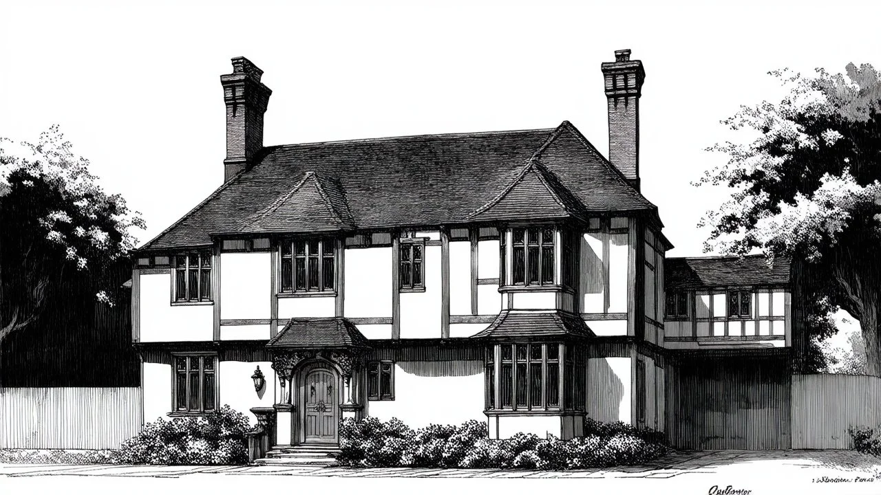 A detailed ink illustration of a front elevation of a Tudor fantasy house, with tall chimneys and roofs.
