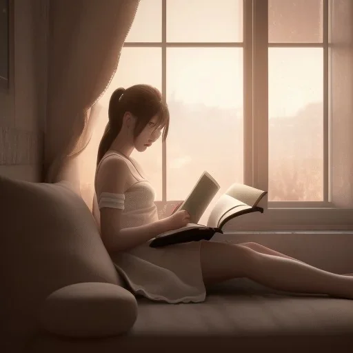 Study girl read a book in by the window, movie, real photo realistic, unreal engine, cinematic lighting --ar 1:1 creative