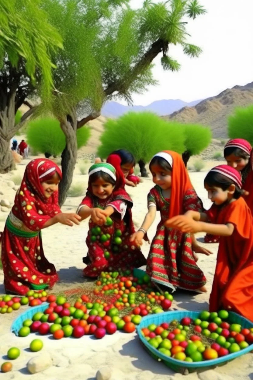 Baloch collecting date fruit in Panjgur Balochistan. Date harvrdting session. Kids are dancing