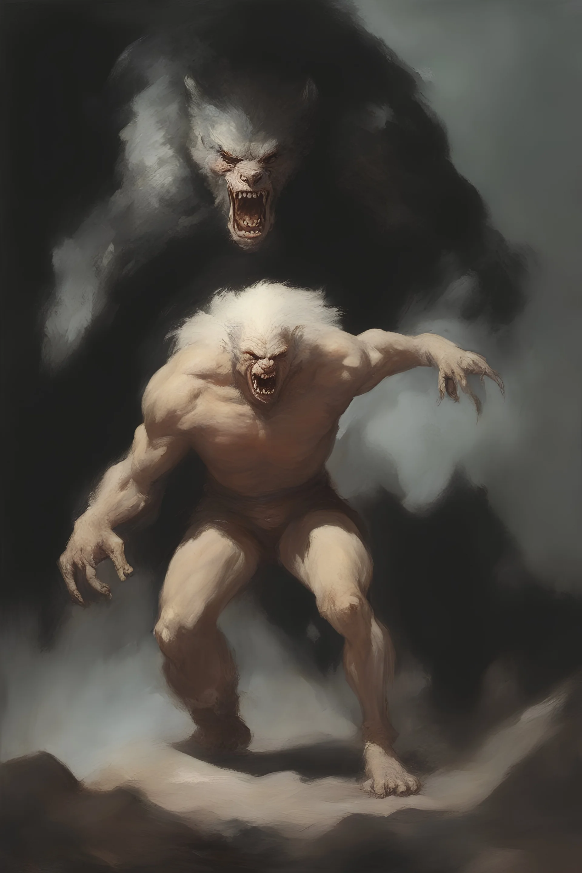 A giant, snarling albino Werewolf - oil painting by Frank Frazetta