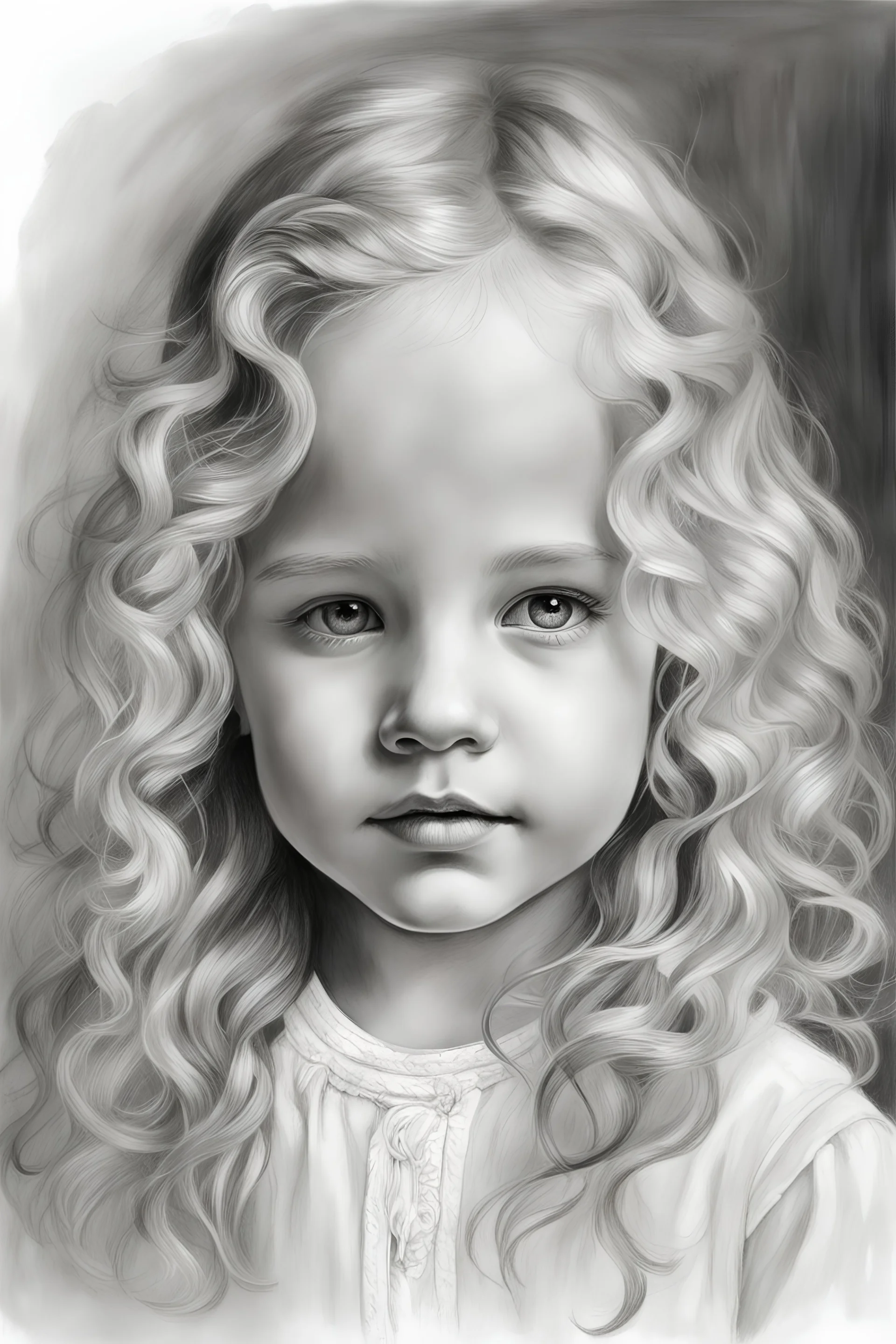 Graphite Pencil drawing, portrait of a little girl, long blonde curly hair, sketch, sketch drawing, hash drawing, sketch style, drawing, beautiful face, perfect eyes, monochromatic, white background