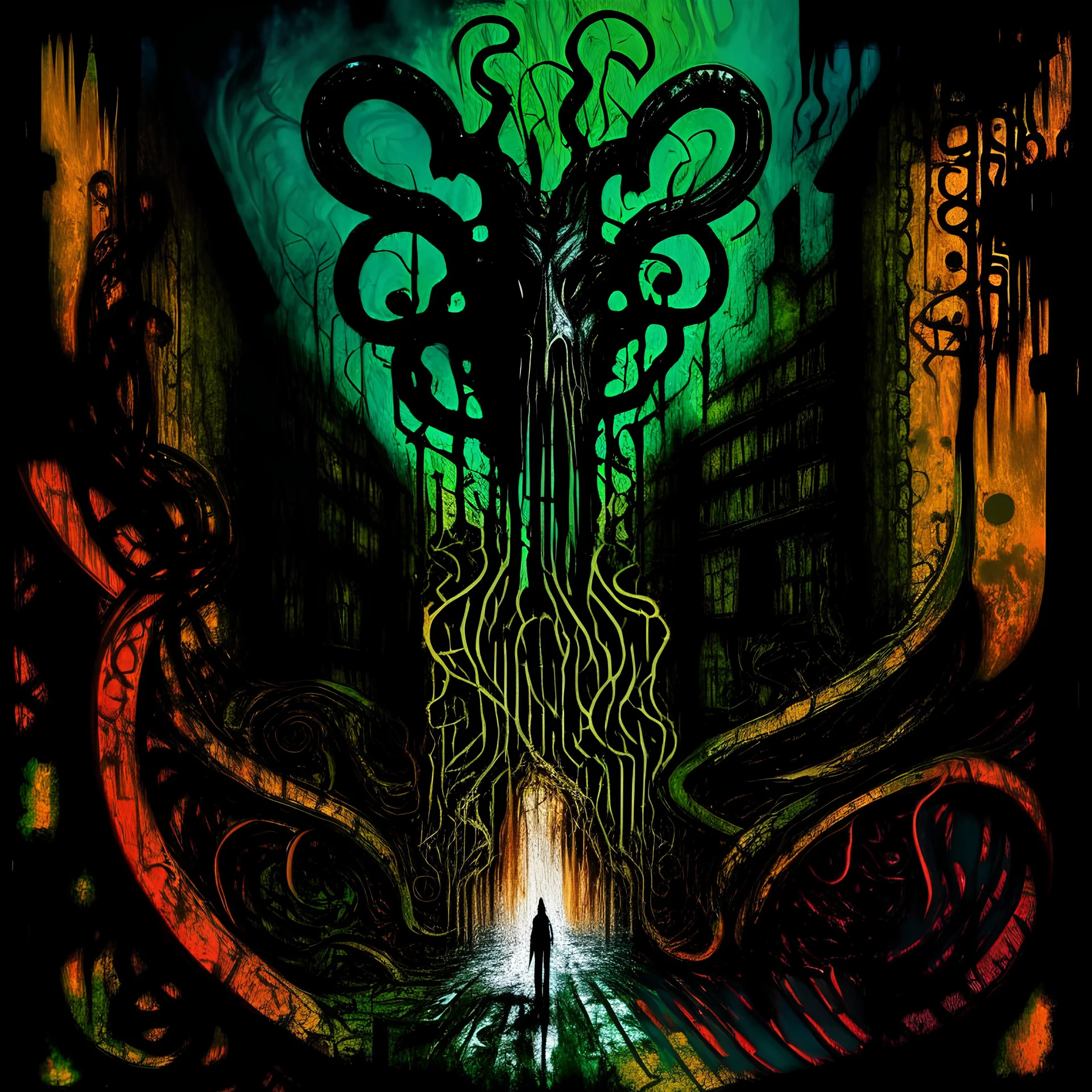 Lovecraftian horror long march through the institutions, contrivance of incentive induced madness, violent colors, By J.P Targete, abstract symbols