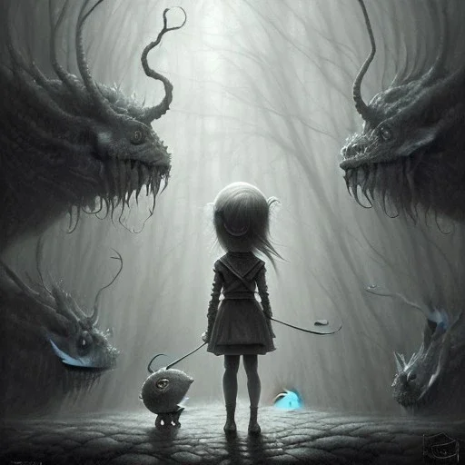 cute girl and litlle monster, Style John Kenn Mortensen,