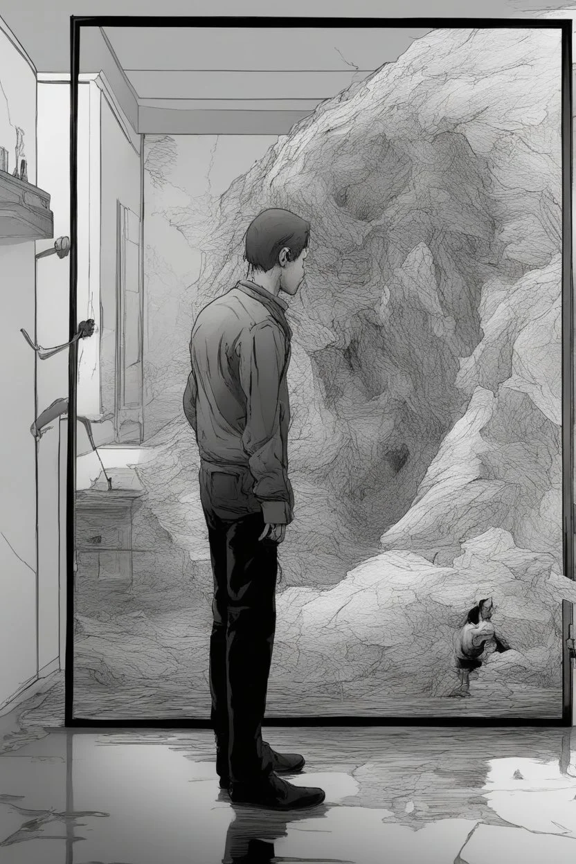 a man looking into a shattered bathroom mirror and seeing a horrifying, abstract deranged monster in his reflection