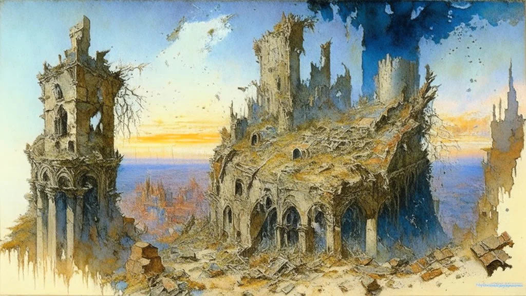 Destroyed City, medieval ruins, debris, stone, breched, brocken, Perspektiv from the sky, by Jean-Baptiste Monge, Ivan Bilibin, Albert Bierstadt, Reza Badrossama, watercolor, intricate details, fantasy, beautiful, oil on canvas, award winning, imperial colours, fantastic view, radient colours, very attractive, crisp quality
