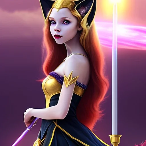 Attractive teenage girl with golden red hair, who is dressed like a witch casting a spell with a quarterstaff on the moon, she has cat ears and open blue eyes, has a normal nose, background is realistic space, the girl is on a planet, black goth girl dress, full body portrait, arm colors gradient effect into stars, rendered, unity 3d, unreal engine, dslr, hdr, 4k, edited, photorealistic, normal number of appendages, freckles, artists rendered