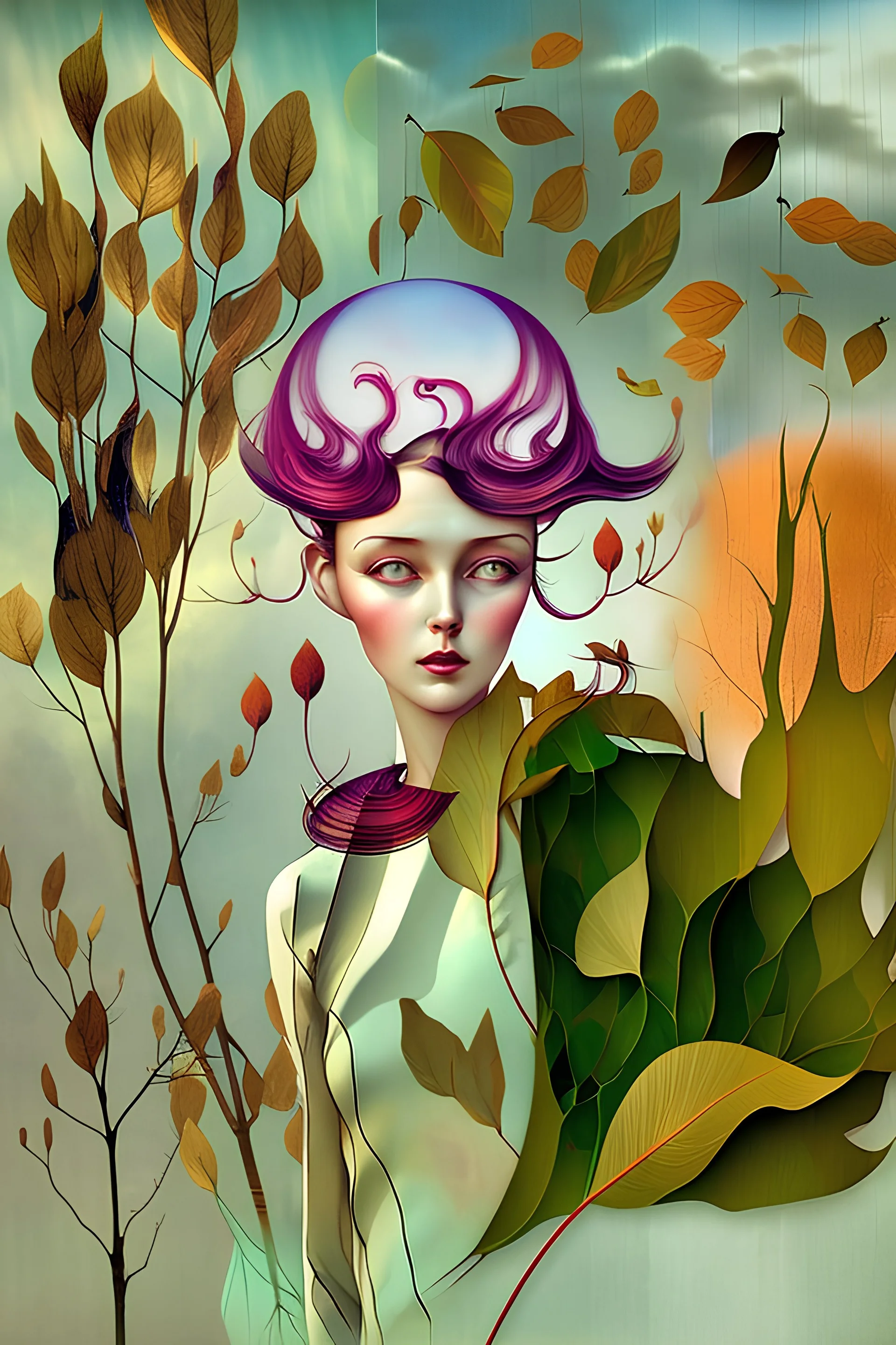 Streamline moderne woman windblown hair trees leaves carel weight Oxana dobrovolska catrin welz-stein andrea kowch andrea kurti art deco