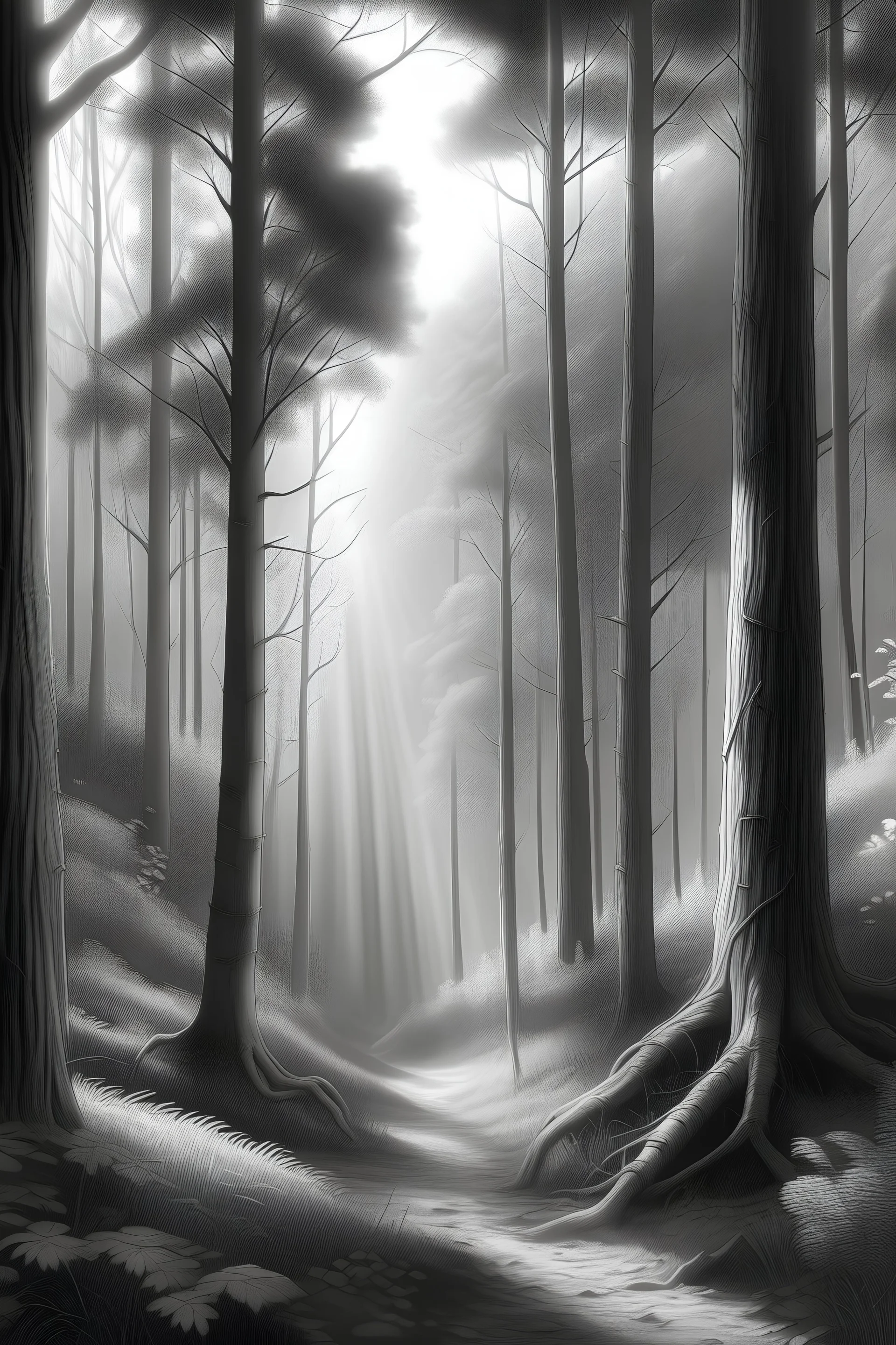 Generate an elegant image showcasing a serene forest scene with detailed trees and graceful vines. Use subtle grayscale tones to highlight the interplay of light and shadow, enhancing the scene's sophistication. Capture the untouched wilderness, inviting viewers to appreciate the tranquil beauty of nature's elegance in its purest form