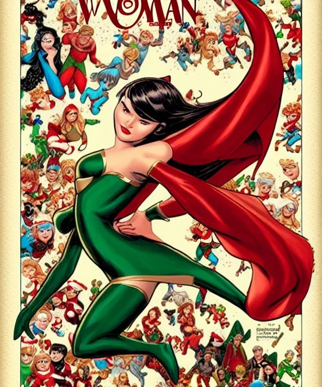 woman elve. Christmas scene. poster. marvel comic. low-key