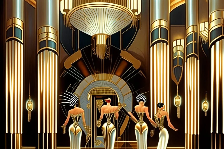 Inside an Art Deco Opera foyer, with mirrors and brass sconces, incandescent, gleaming, people in extravagant costumes by artist "Erte"