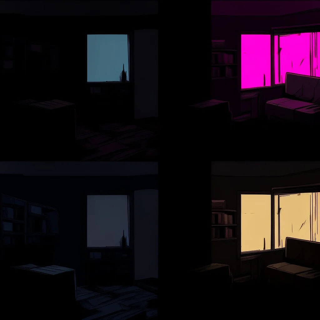 comicbook, panels, cartoonish colors, in the left panel, a tv in a minimalist room setting, no window, empty walls, (in the right panel, a tv (side angle view:1.2)of the tv), background is a haunting dimly lit, decrepit room.The atmosphere should be chilling, with shadows and decay adding to the eerie ambiance, vibrant palette, volumetric lighting