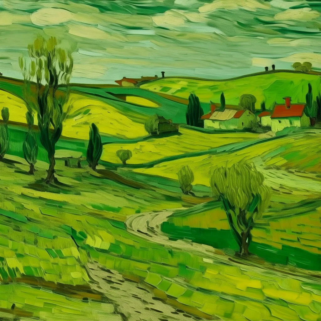 A lime green wasteland with small barren village painted by Vincent van Gogh