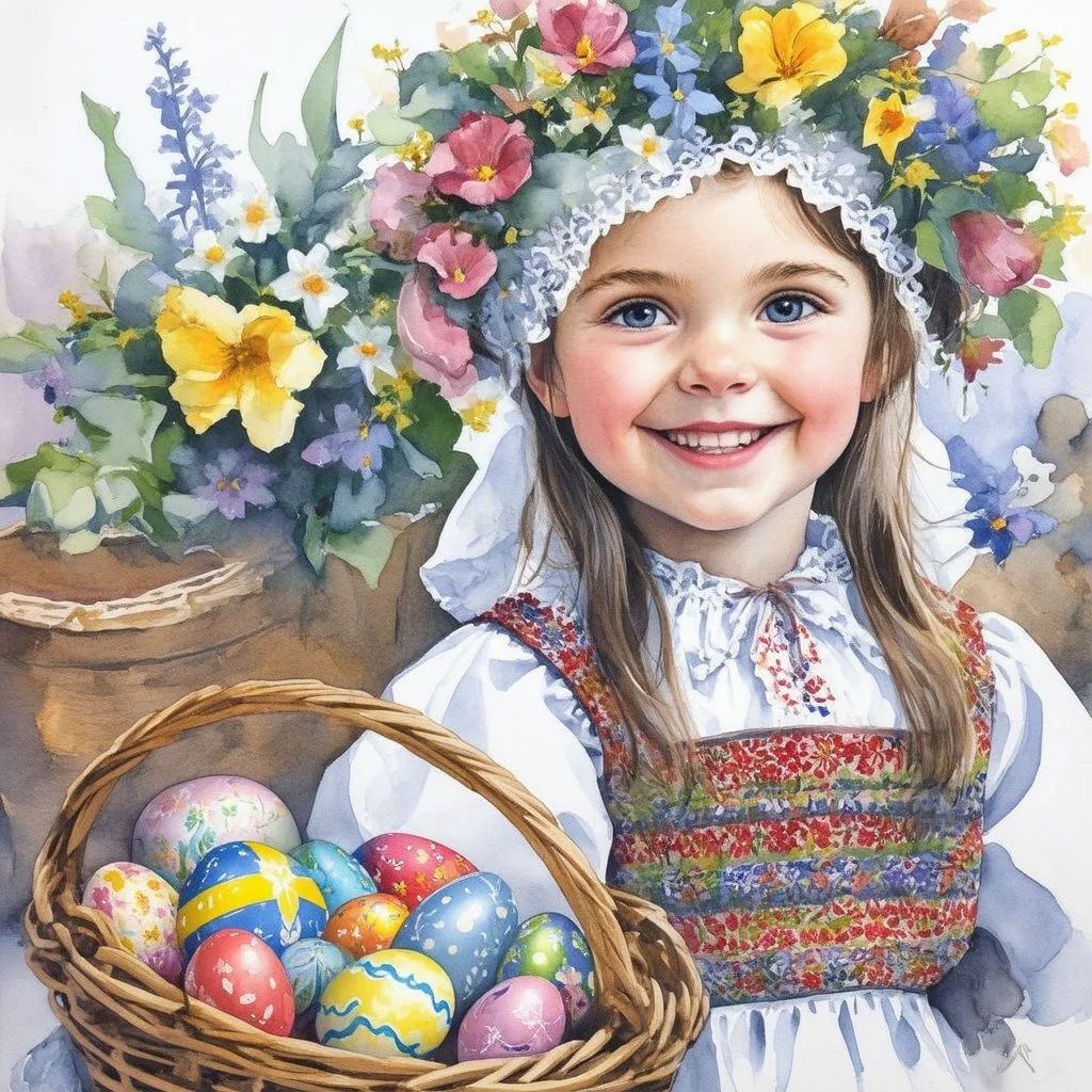 Easter Swedish smiling little girl native costume easter basket eggs flowers spring Thomas Wells Schaller, watercolor and ink, delicate