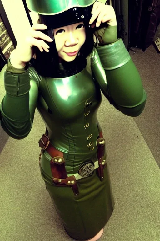 Steam-punk style random-mask. Large fencing mask covers cheeks. Brainless girls. Reflective surface on face, full coverage, reflective. Camera lenses as eyes. Head full of integrated old-fashioned phones. Army green surfaces body, latex. Perfect body, thick thighs and calves. Asa Akira. SElfie with ancient camera. Wide hip, skirt bleats nicely. Partly symmetrical. Straitjacket. Steam-plunge-air-bottles-chin. Euclidean 3D-tiling walls. surrealistic atmosphere