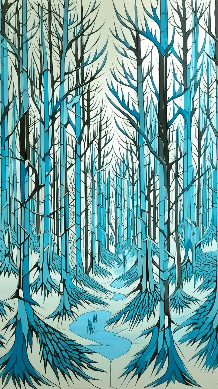A pale sky blue tribal forest with bows and arrows painted by MC Escher