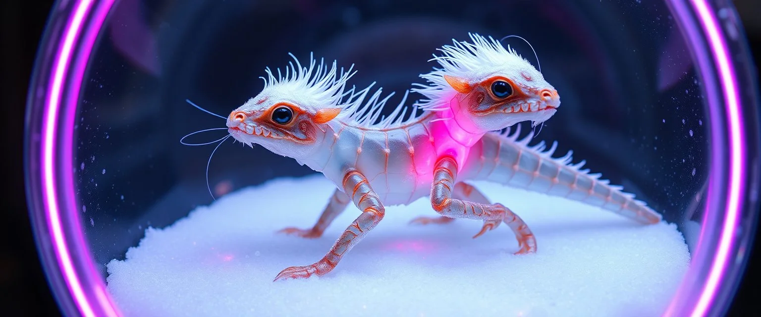 The image depicts fantastical charming dino monkey squirrel snow soup, specifically a transparent with neon plasma aura, with a unique and whimsical appearance. The shrimp spider dragon is positioned in a circular frame, which suggests it might be inside a container or a vessel. The body is elongated and has a segmented appearance, with a detailed texture that gives it a realistic look. Its head is covered with white, spiky hair, adding to its fantastical charm. From the weird dragon lab