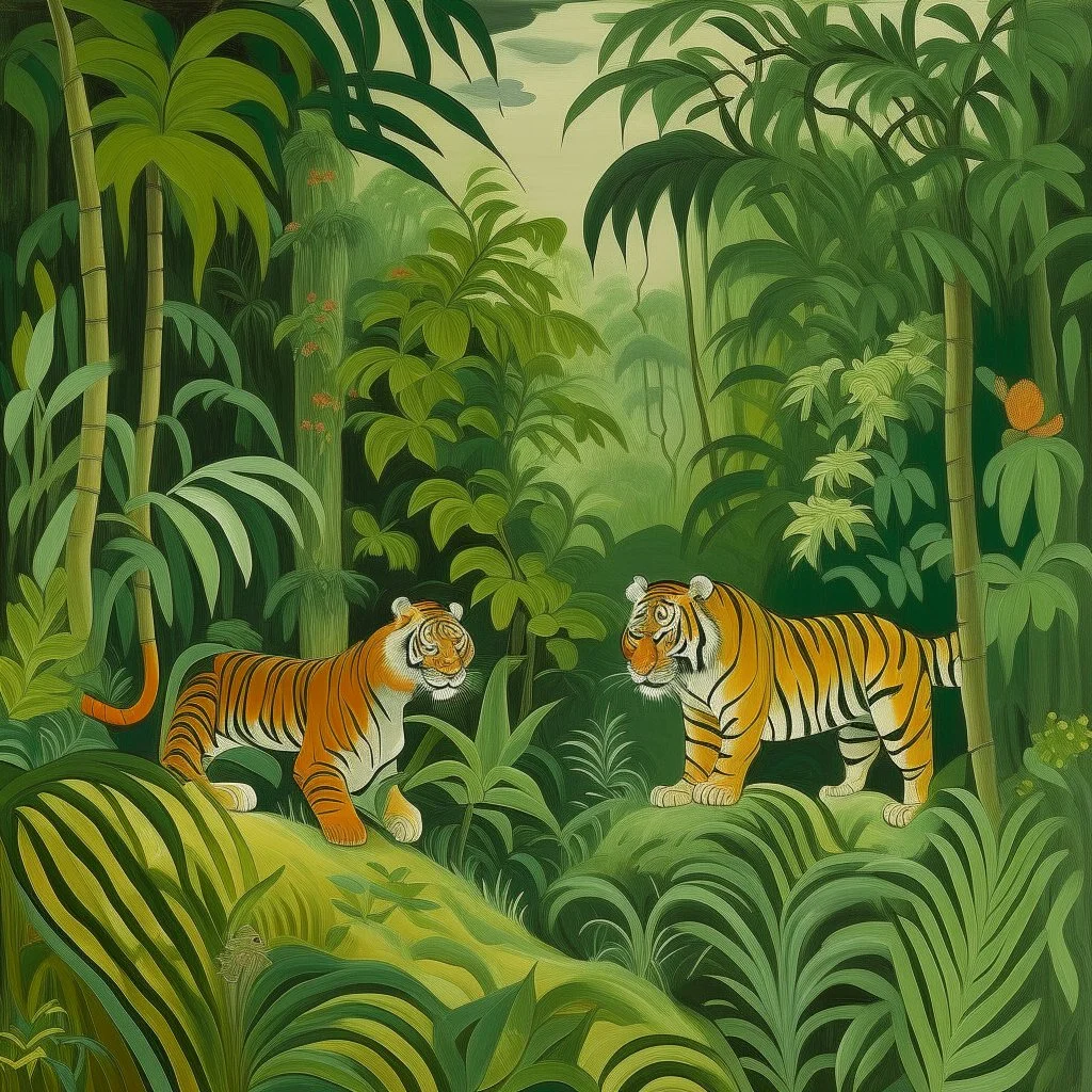 An olive green jungle with tigers painted by Henry-Robert Brésil