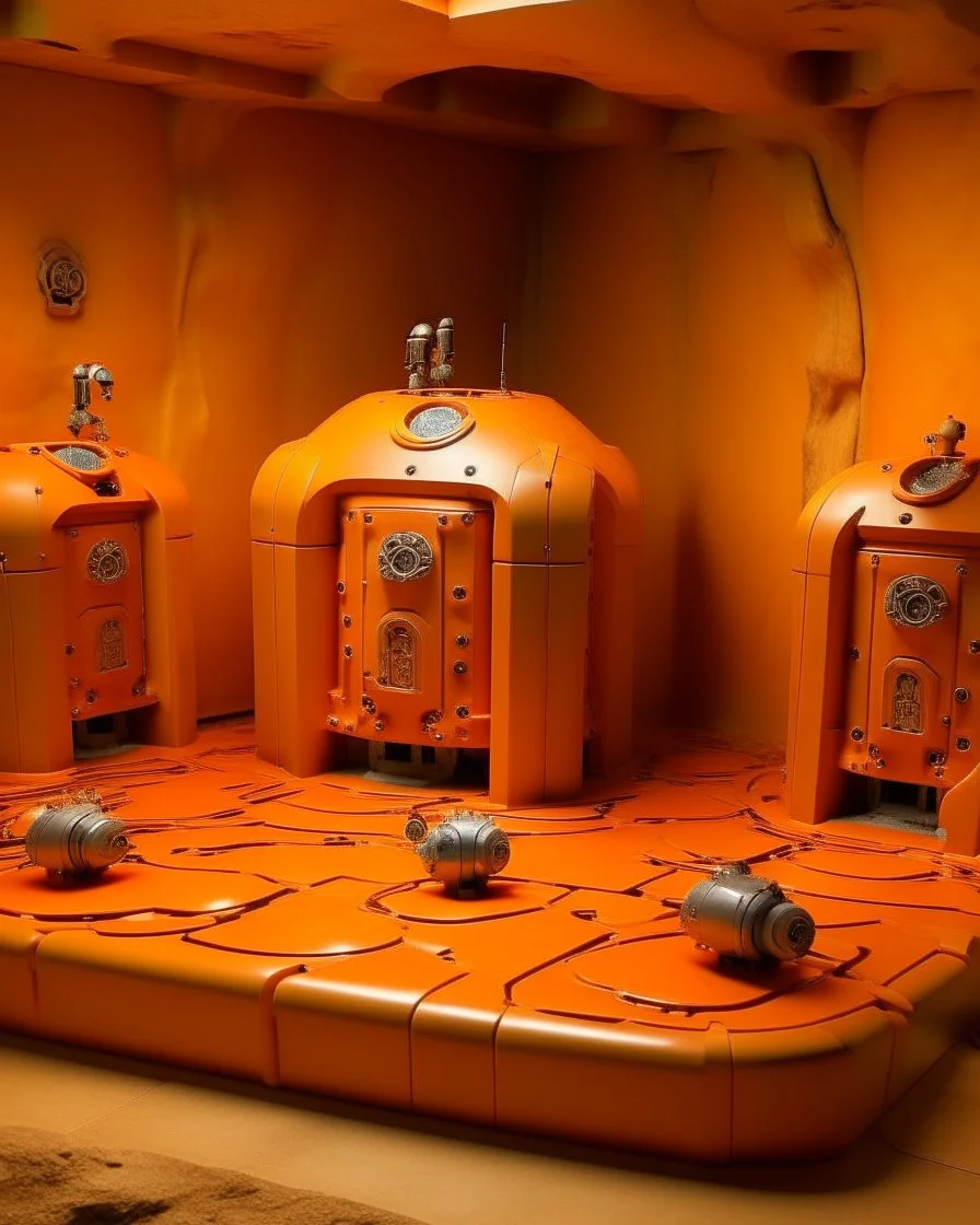 An orange colored secret vault with robots designed in cave paintings painted by Georges Seurat