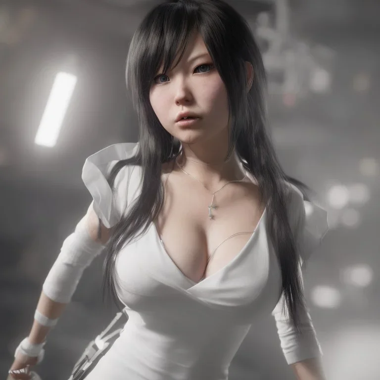 hitomi tanaka, full body, dress white, long black hair, realistic, intriacte detail, sci-fi fantasy style, volumetric lighting, particales,highly detailed,cinamatic, deep colours,8k