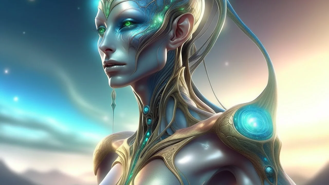 gorgeous female humanoid alien, slender muscular warrior, looking over shoulder at the sky, tentacles, coper zinc orichalcum jewelry and piercings, beautiful face, mesmerizing starry eyes, smooth translucent skin, hourglass, size DD.