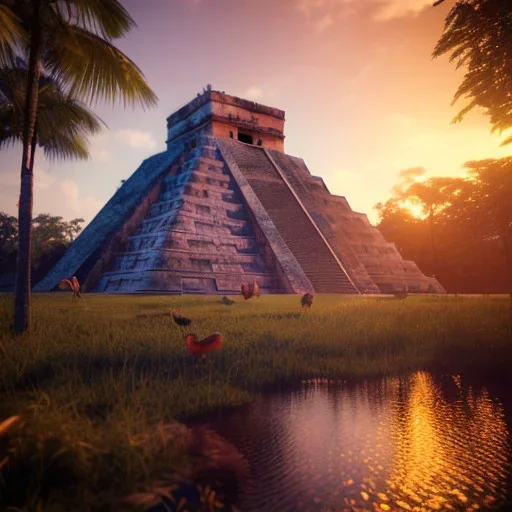 Chichen Itza, sunset, rainbow sunset, waterfall, palms, twigs, spring, sunset rainbow, bridge flying birds, unreal engine 5, cinematic lighting, realistic, hyper detailed, 8k, octane render