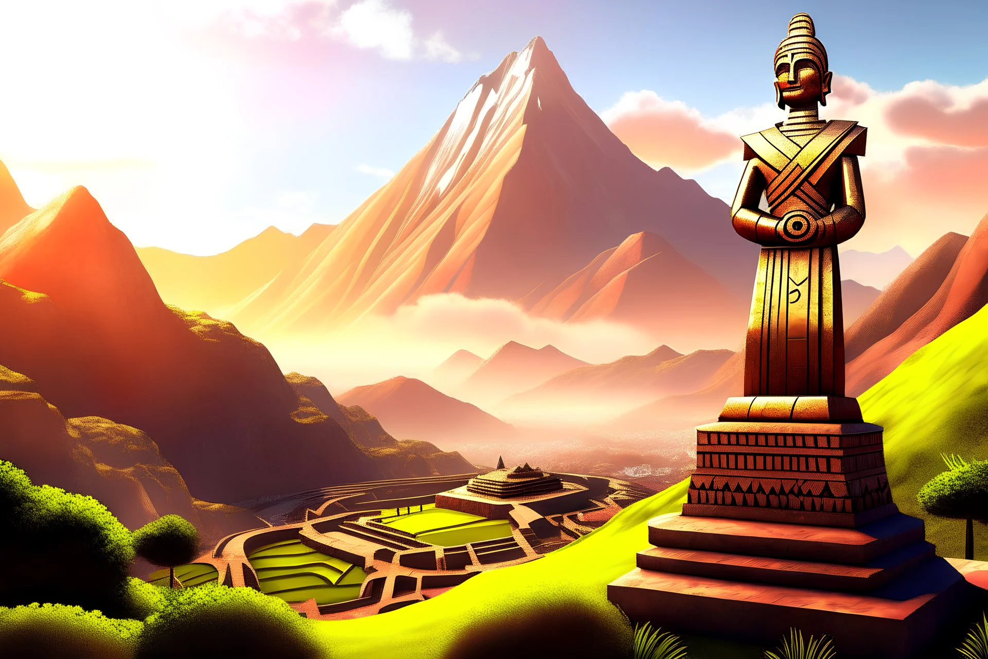 Digital art, high quality, masterpiece, natural illumination, sunny day, (peruvian valley:1.2), (inca terraces:1.1), a mountain at the right, a inca statue on top of the mountain, bronze statue