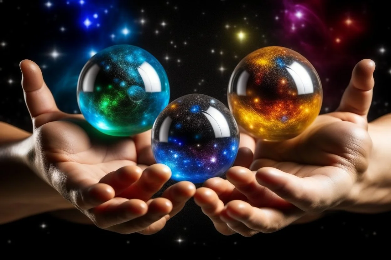 kundalini, connected to the universe, few colours of galaxy, holding galaxies in few hands in glass balls,
