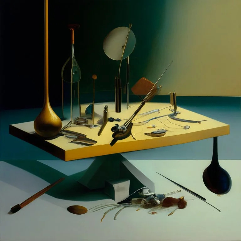 human body, universe-like table,complex surgical instruments mixed with human body-like musical instruments,minimalism,Painting By Adrian Ghenie, Rene Magritte, Lucian Freud