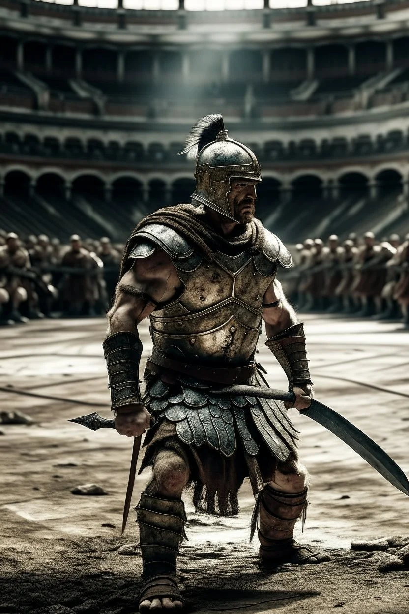 A white male muscular armored Gladiator in the dusty filled arena of ancient Rome . He has a special Celtic armor on. He is wearing no helmet. He has battle scars. He is holding a broadsword.He is victorious over many. He is facing straight ahead. There are body’s of other vanquished gladiators laying lifeless on the ground around him.