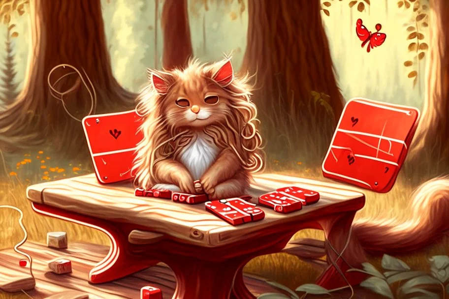 a contented long-haired cute beige kitten with big headphones on its head sits on a red bench in the woods, musical notes emanating dynamically from the headphones, mice sitting in front of the bench playing cards in the sunshine