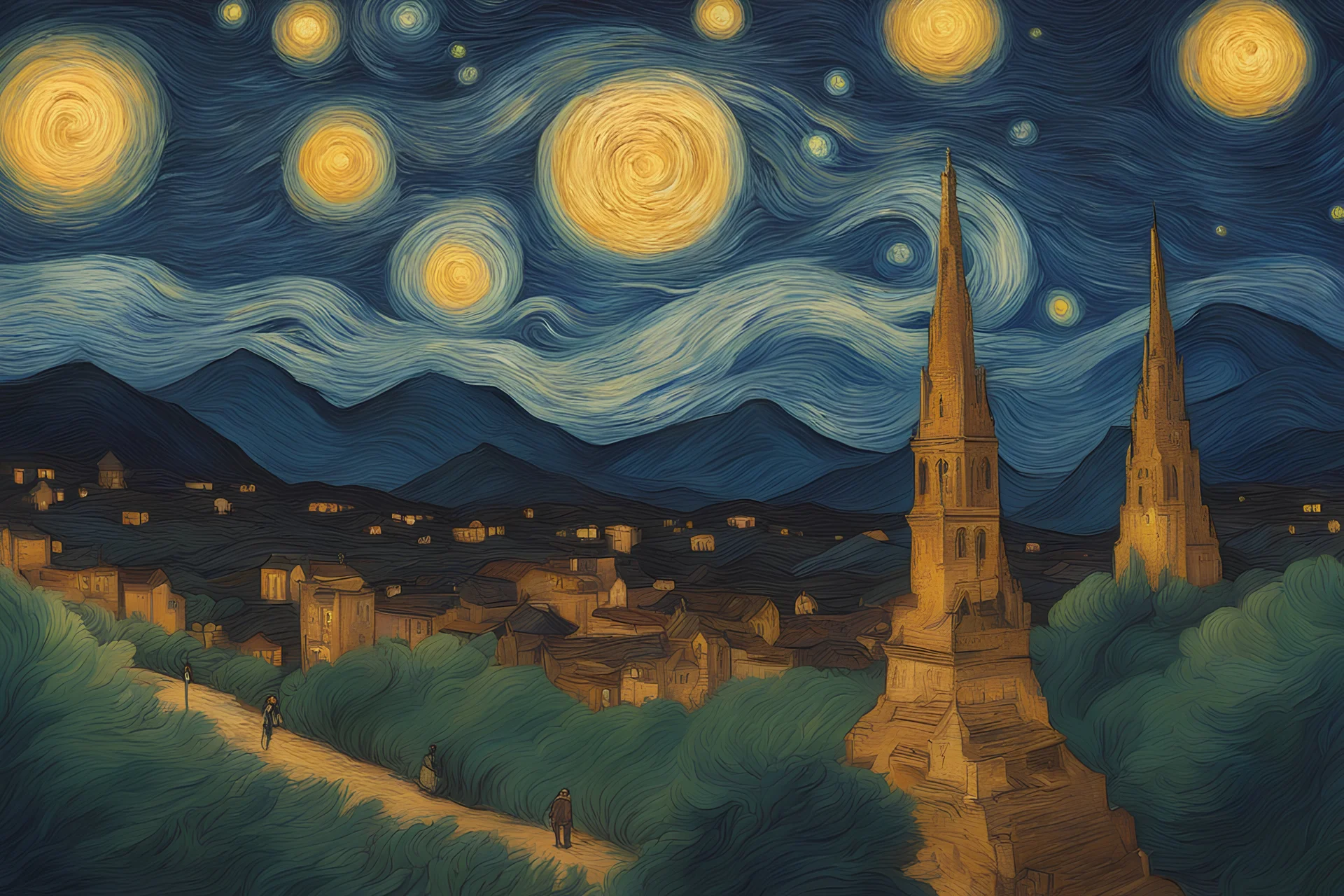 Reinterpretation of the noche estrellada de Van Gogh, como si fuese un anime de studio gibbli