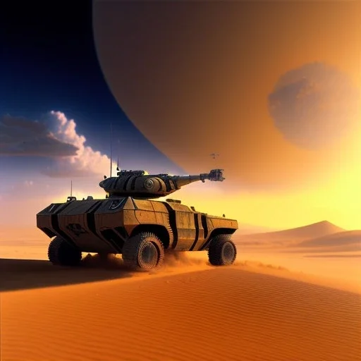 volumetric Wide desert view painted by chris foss of Military hovertank With laser from the future, 4k, 8k, [hovercraft] Minutiae, highly detailed, render, rivets, hovering, stripes, sunset duststorm, nimbus clouds