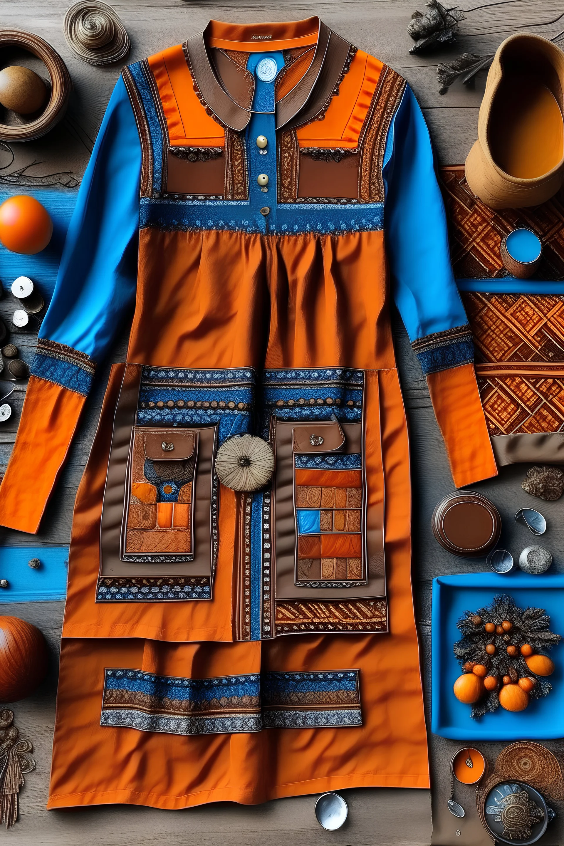 Make a garment that is bohemian chic, the colours are earthy brown tones with a pop of orange. Add blue pottery prints and pockets