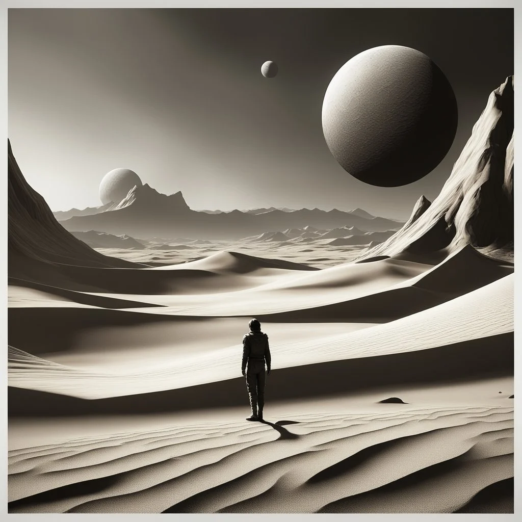 person alone in planet ,analog ,b&w ,Dune-Desert Planet Arrakis: Image of a barren, sandy desert planet with two moons in the sky, conveying the harsh environment of Arrakis., Alexandro Jodorowsy Art,Juan Gimenez Art,Space Art,Sci-Fic Art,Dark Influence,NijiExpress 3D v2,Kinetic Art,Datanoshing,Oil painting,Ink v3,Splash style,Abstract Art,Abstract Tech,CyberTech Elements,Futuristic,Epic style,Illustrated v3,Deco Influence,Air Brush style,drawing