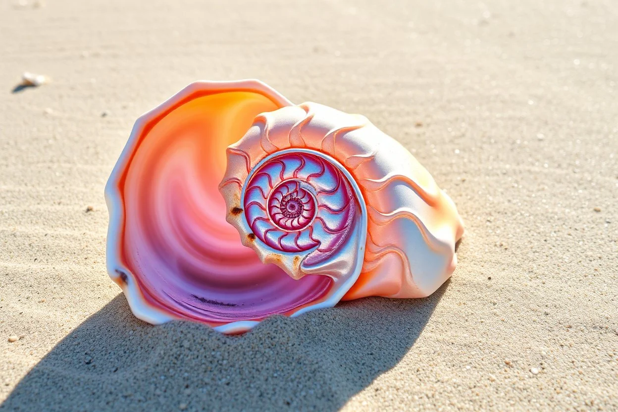 beautiful watercolor and ink painting of an iridescent conch shell with a fractal spiral complex pattern with precise consistent geometry laying on the sand of a beach, moist and glinting in the sun, intricate fractal Fibonacci sequence