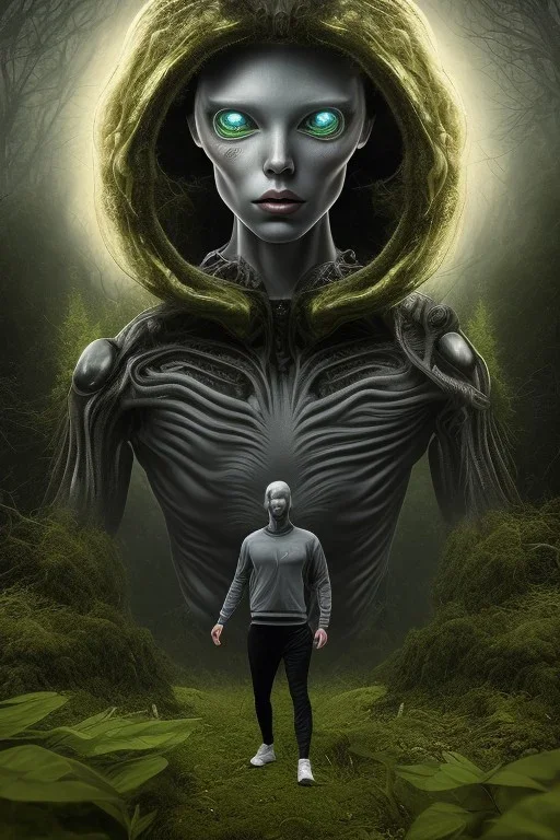 running alien portrait , black jogging suite , in the night Alps , holding leaves and coins , angels background, volumetric light, high detail, dark leaf tree, dark mountains in background, perfect, HR Giger style