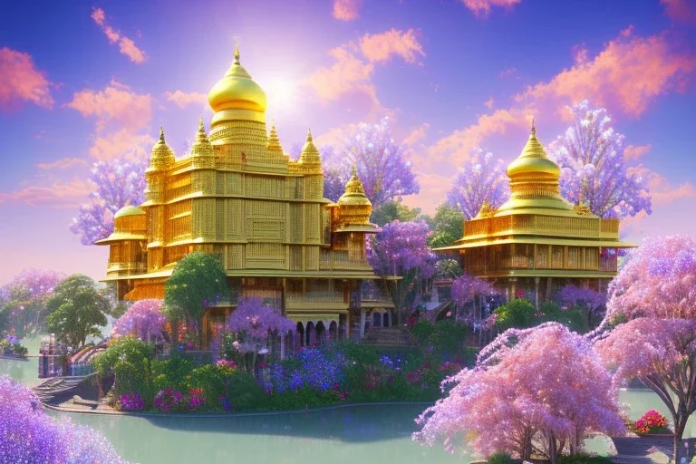 gold and pink crystal indian PALACE on the mountain,swanns,waterfall, BLUE LAKE, SWANNs,fuksia bugainvillier flowers, jacaranda violet trees, sky pink blue, full of details, smooth, bright sunshine，soft light atmosphere, light effect，vaporwave colorful, concept art, smooth, extremely sharp detail, finely tuned detail, ultra high definition, 8 k, unreal engine 5, ultra sharp focus