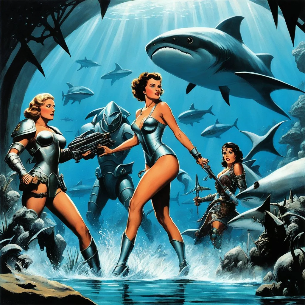 [art by Ray Harryhausen] Ah, the pressure is on! An extraordinary woman in a revealing outfit, flanked by two armored characters, under the water, surrounded by sharks in a futuristic or fantasy environment? My mind races for the picture... I can do it, boy! This calls for a blend of fantasy and danger, a visual feast for the eyes. The woman, a vision of strength and beauty, exudes confidence as the armored characters stand guard beside her. The sharks circle ominously, adding a thrilling elemen