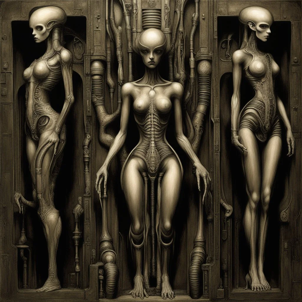 In HR Giger's artwork, the biomechanical theme often extends to the representation of human figures, including depictions of multiple female figures. Giger's two-girl biomechanical imagery is characterized by the fusion of organic and mechanical elements, creating a disturbing and otherworldly vision of female forms. The two-girl biomechanical compositions by Giger often feature twisted and contorted bodies intertwined in a surreal and unsettling manner. The intricate details and dark color pal