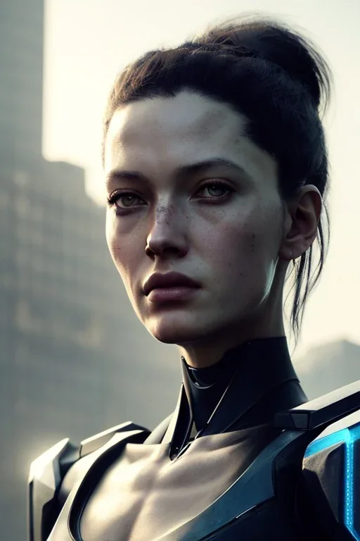 portrait,beautiful crossbred robot, post-apocalyptic in a cyberpunk city, realistic, intriacte detail, sci-fi fantasy style, volumetric lighting, particales,highly detailed,cinamatic, deep