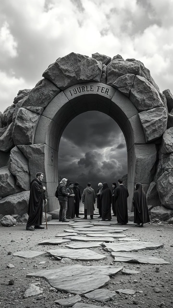 A depressing image of pattera in Jordan sad and emotional thought-provoking image of A rocky portal of a strange ring with strange words on it , the world of gray. Several people standing in the color world begging those in the gray All the people in the gray world are shades of grayscale. The 10 people in the gray are all sad and depressed several crying and weeping. Those beyond the portal in the color world are living and joyful.a stormy wether in the. Background