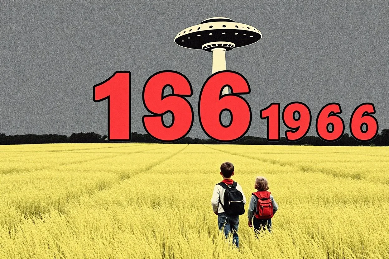 bumper sticker design, westall in bold heading text ufo 1966, lots of school children looking up in a field, mysterious cool, bold
