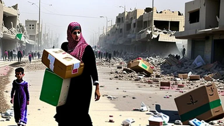 A Palestinian woman wearing a dress carrying very large bags of flour on her back, bending her back down in the destroyed Gaza City, and aid boxes descending from planes near the sea, with a large number of children looking up.