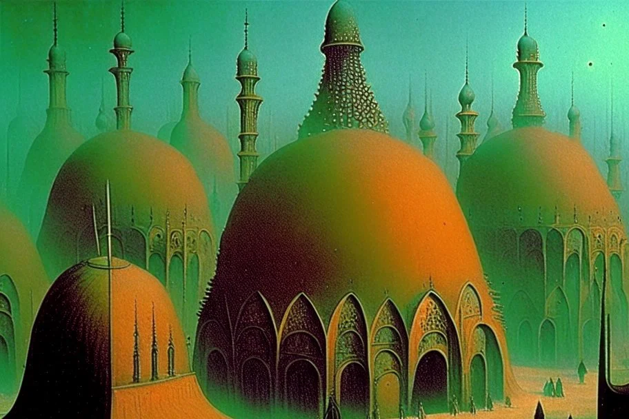 A surreal city with arches and domes by artist "Zdzisław Beksiński"