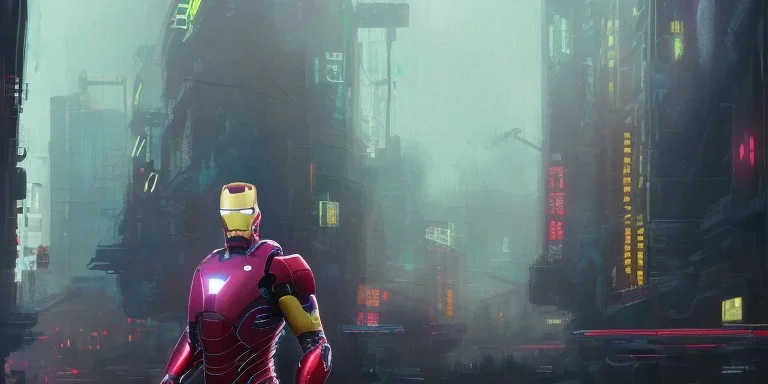 iron man, full boy, A professional night photo of a far-future cyberpunk city, shanghai, by Alena Aenami and blade runner and akira, trending on Artstation, smooth, sharp focus, higly detailed, crowded