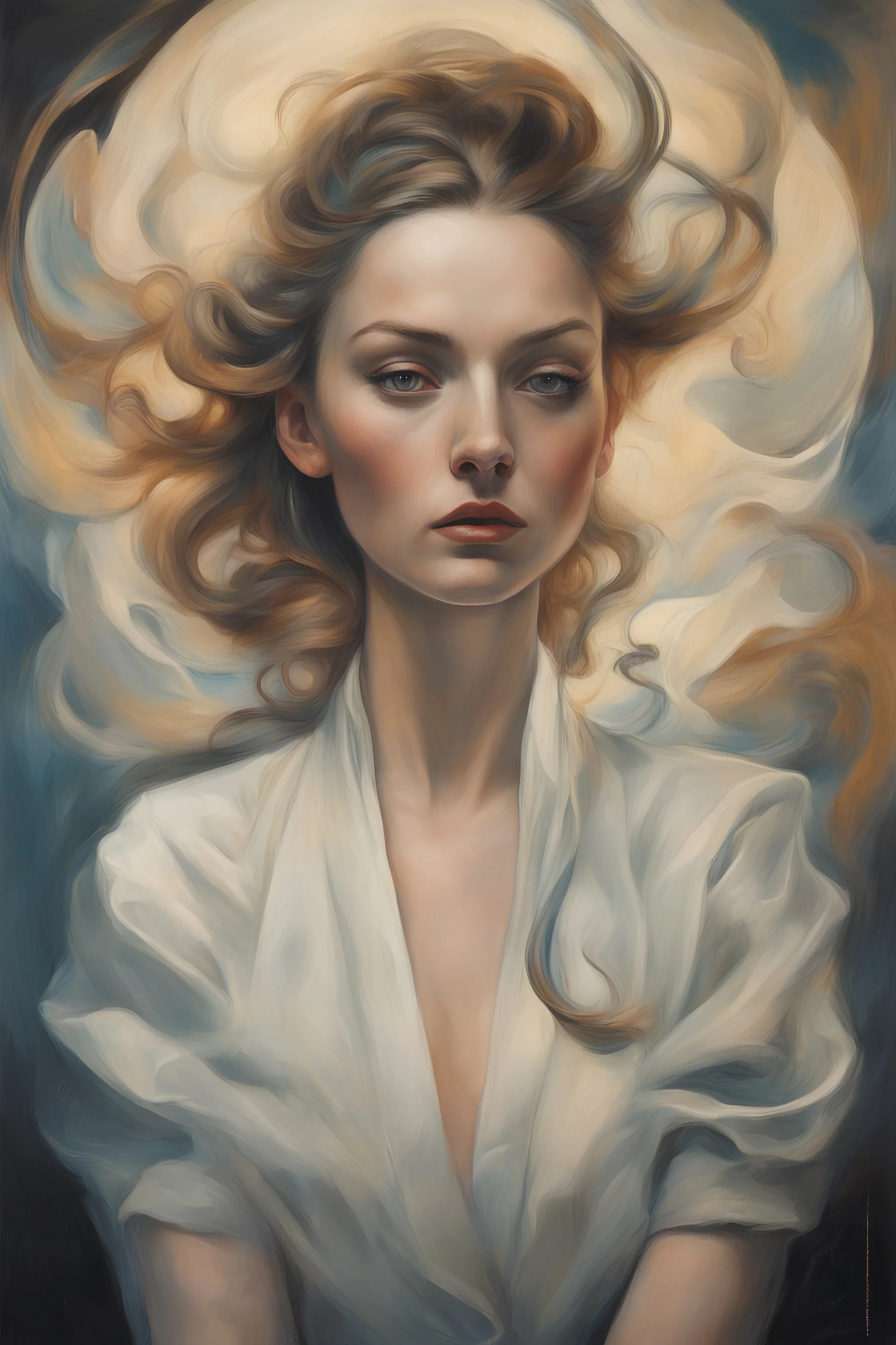 Alexandra "Sasha" Aleksejevna Lussin psychology erect oil paiting by artgerm display Salvador Dalí style in style In Sigmund Freud's Freudian depth psychology, dream, symptom, image