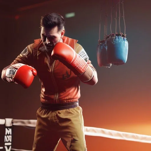 Cyberpunk Man boxing in the ring unreal 5, octane render,cinema4d, dynamic lighting, 8k, redshift render, highly, hyperrealism ultra detailed, hyper realistic.